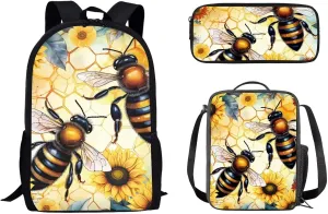 Mumeson Bee 3 Pack Schoolbag Backpack Set School Backpack with Insulated Lunch Bag Thermal Heat,Lightweight Portable Pencil Case Pen Bag Set
