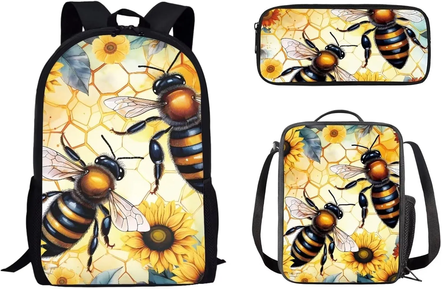 Mumeson Bee 3 Pack Schoolbag Backpack Set School Backpack with Insulated Lunch Bag Thermal Heat,Lightweight Portable Pencil Case Pen Bag Set