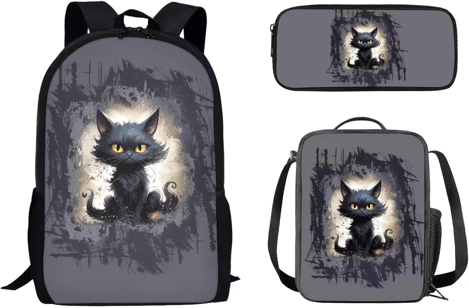 Mumeson Black Cat Backpack Schoolbag for Boys Girls School Supplies Bookbag Organizer Casual Daypack with Insulated Lunch Bag,Pencil Cases 3 Piece Set