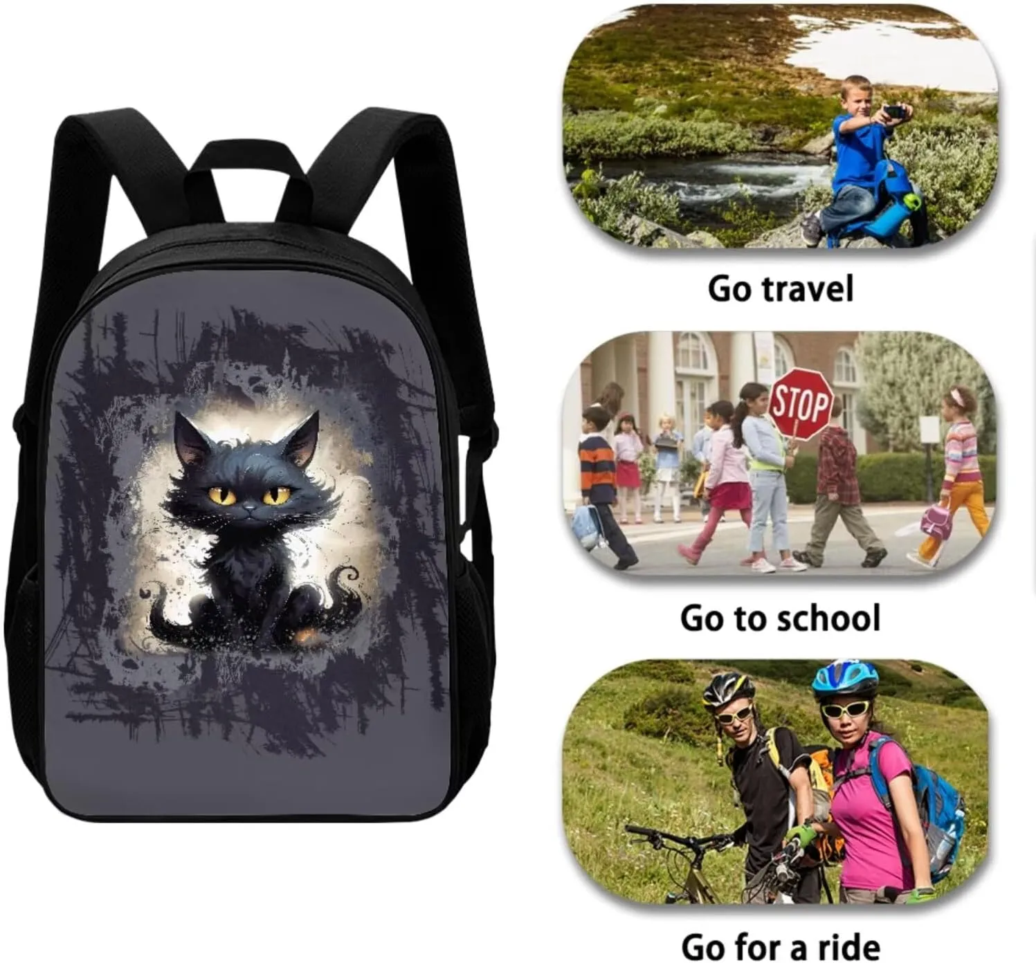 Mumeson Black Cat Backpack Schoolbag for Boys Girls School Supplies Bookbag Organizer Casual Daypack with Insulated Lunch Bag,Pencil Cases 3 Piece Set