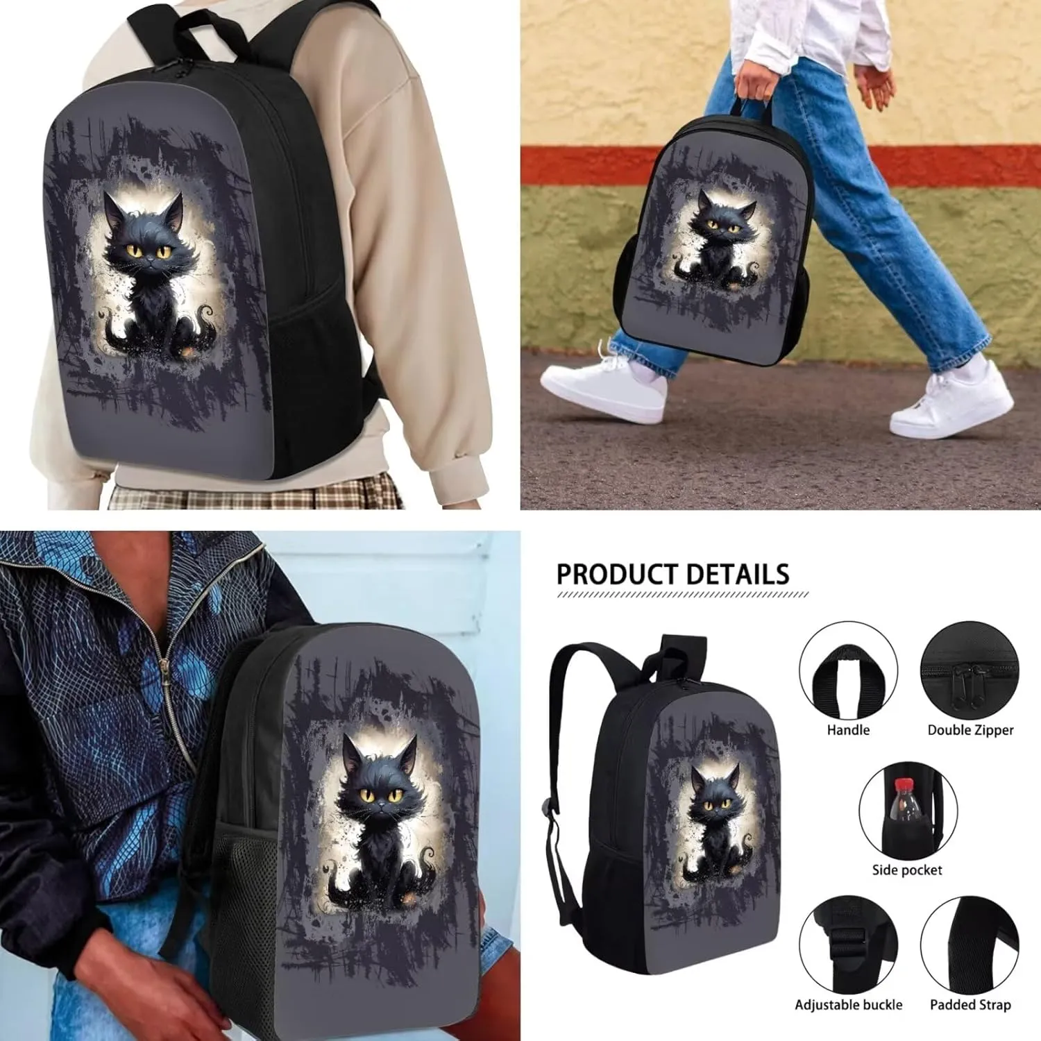 Mumeson Black Cat Backpack Schoolbag for Boys Girls School Supplies Bookbag Organizer Casual Daypack with Insulated Lunch Bag,Pencil Cases 3 Piece Set