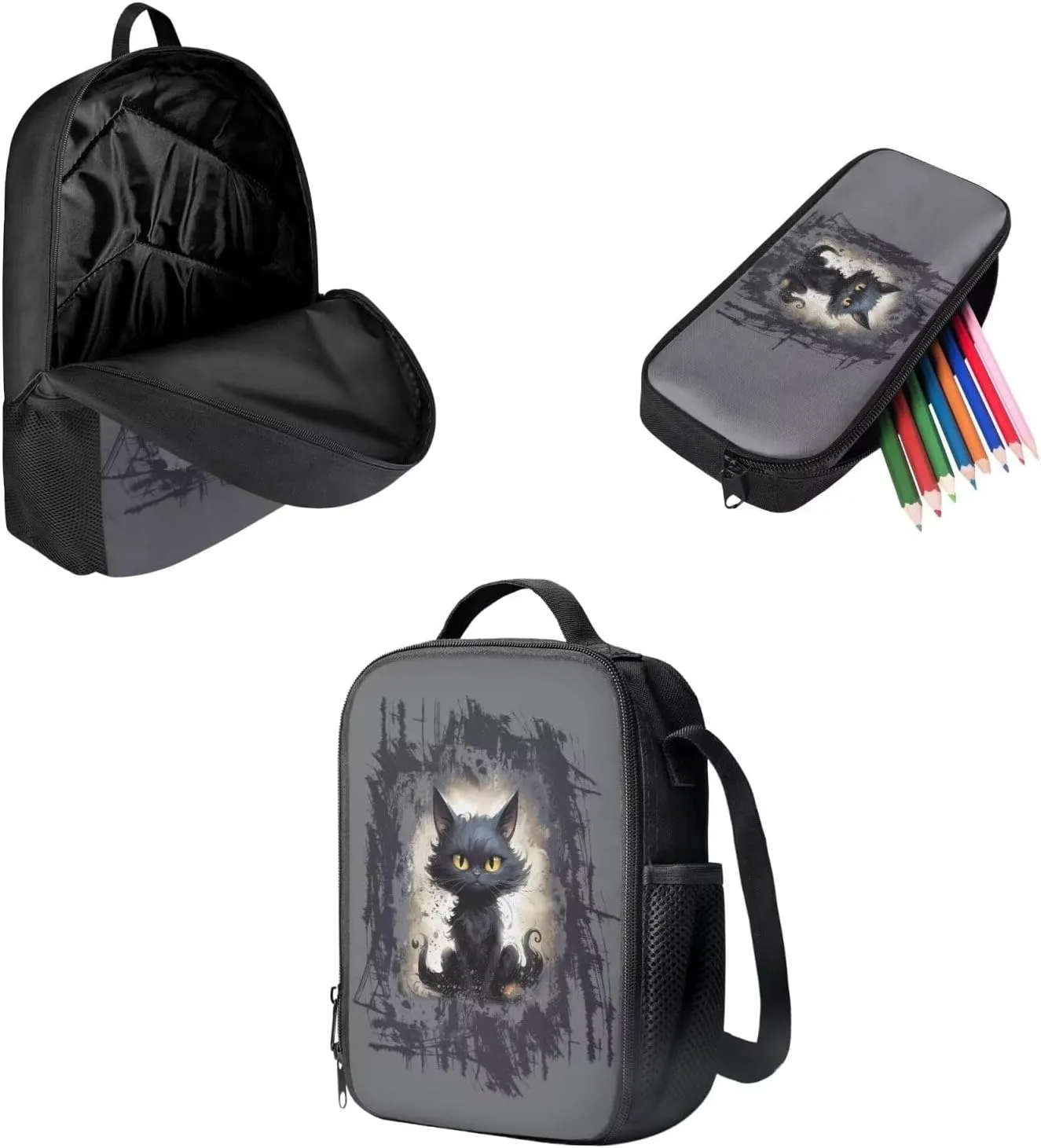 Mumeson Black Cat Backpack Schoolbag for Boys Girls School Supplies Bookbag Organizer Casual Daypack with Insulated Lunch Bag,Pencil Cases 3 Piece Set