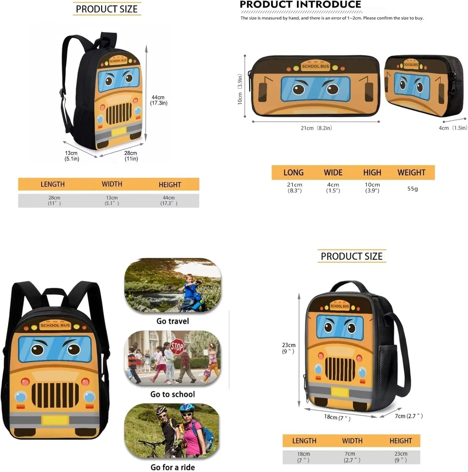 Mumeson Bus Backpack School Bag Lightweight School Bags Soft Backing Daypack with Insulated Lunch Tote Bag Pencil Case Pouch Storage Bag 3 Pack Set