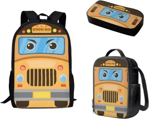 Mumeson Bus Backpack School Bag Lightweight School Bags Soft Backing Daypack with Insulated Lunch Tote Bag Pencil Case Pouch Storage Bag 3 Pack Set