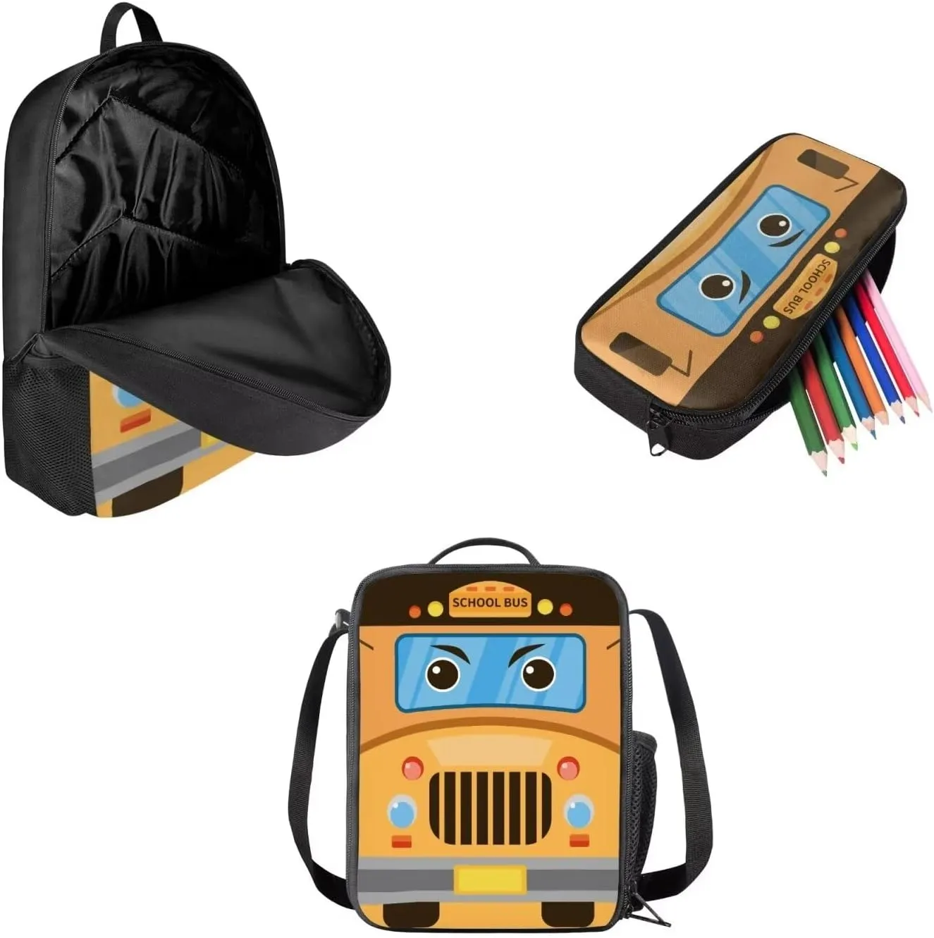 Mumeson Bus Backpack School Bag Lightweight School Bags Soft Backing Daypack with Insulated Lunch Tote Bag Pencil Case Pouch Storage Bag 3 Pack Set