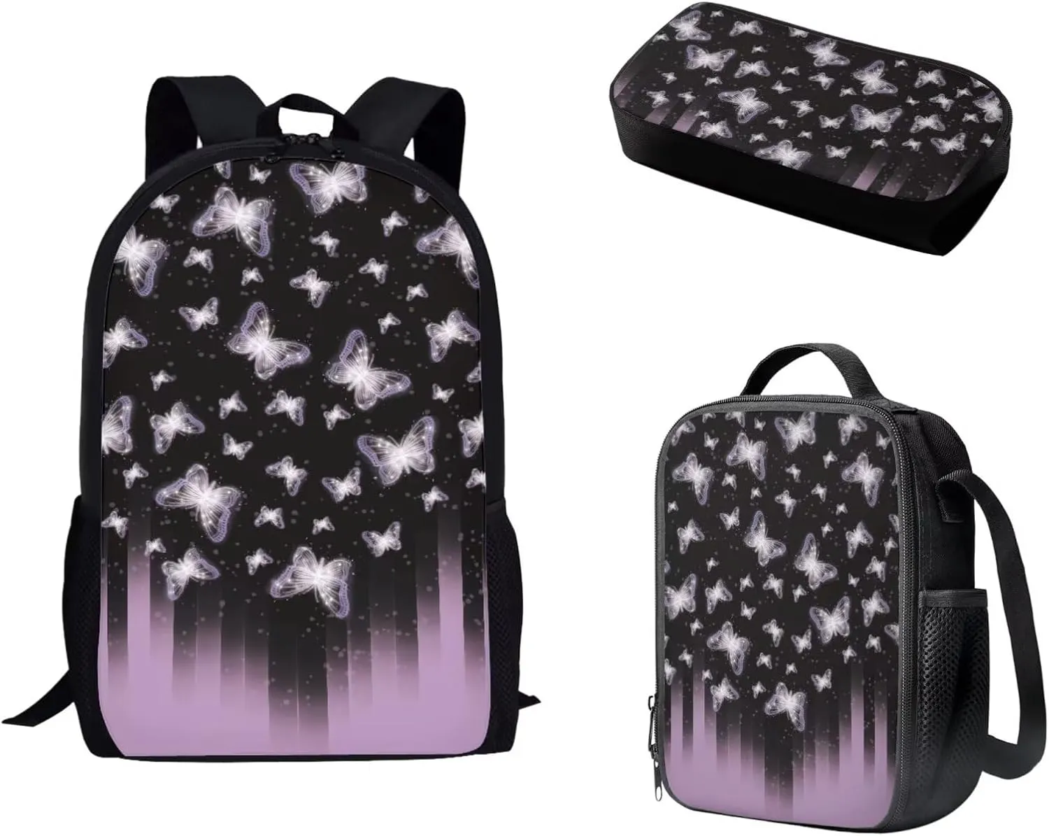 Mumeson Butterfly Axolotl Backpack School Bag for Kids Girls Womens Kids Teen School Backpack with Crossbody Bag Insulated Lunch Bag Portable Pencil Bag Pencase