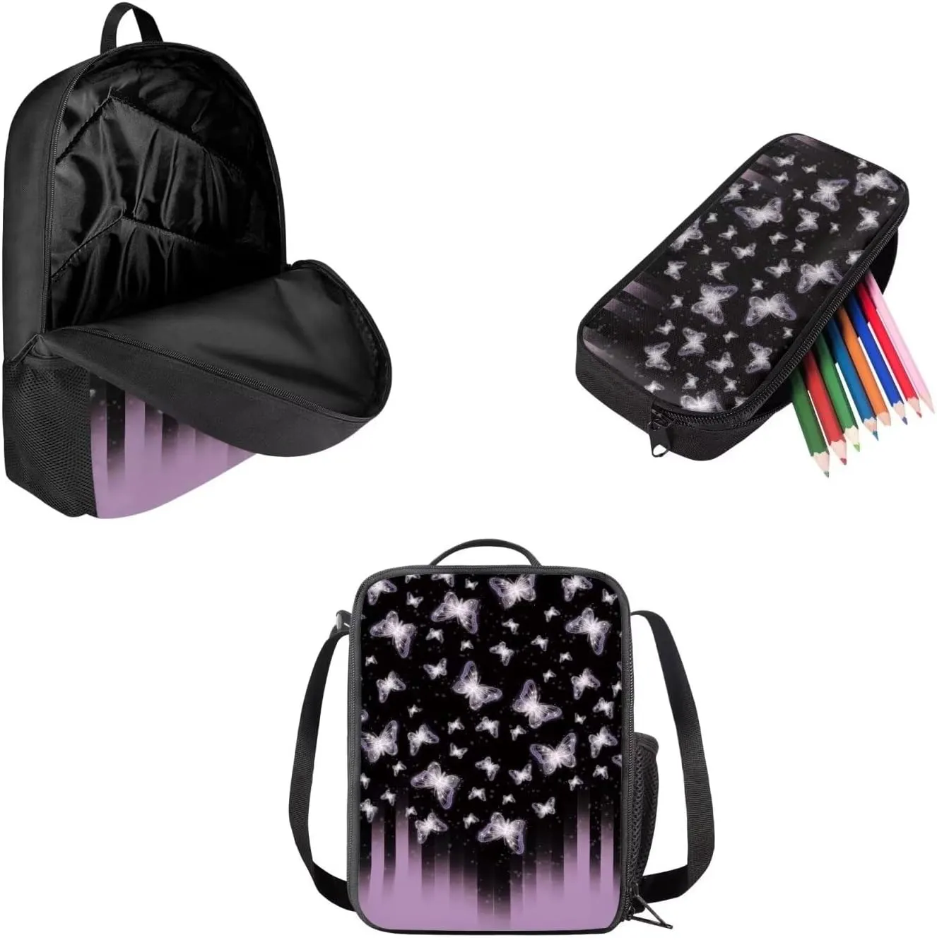 Mumeson Butterfly Axolotl Backpack School Bag for Kids Girls Womens Kids Teen School Backpack with Crossbody Bag Insulated Lunch Bag Portable Pencil Bag Pencase