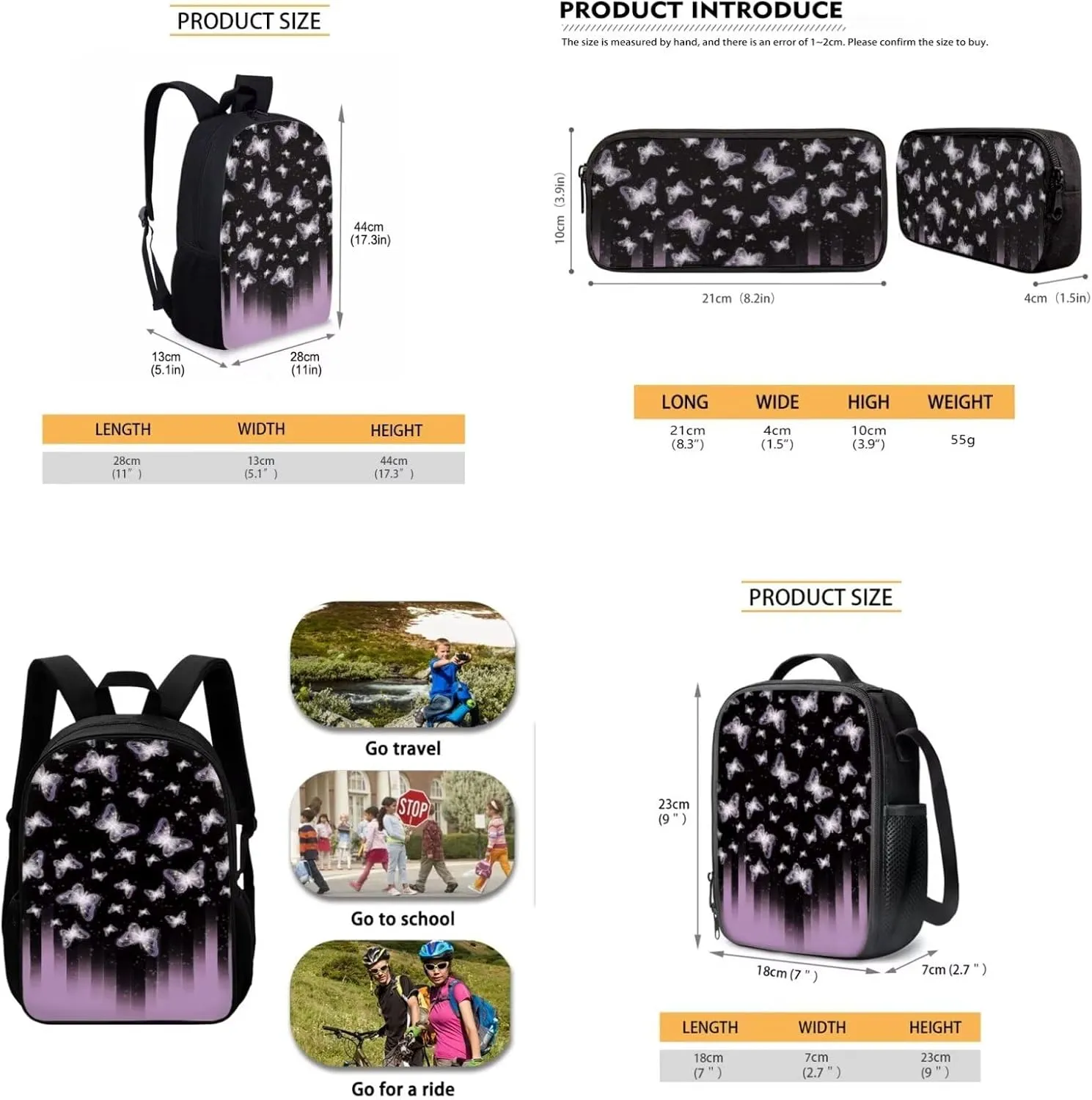 Mumeson Butterfly Axolotl Backpack School Bag for Kids Girls Womens Kids Teen School Backpack with Crossbody Bag Insulated Lunch Bag Portable Pencil Bag Pencase