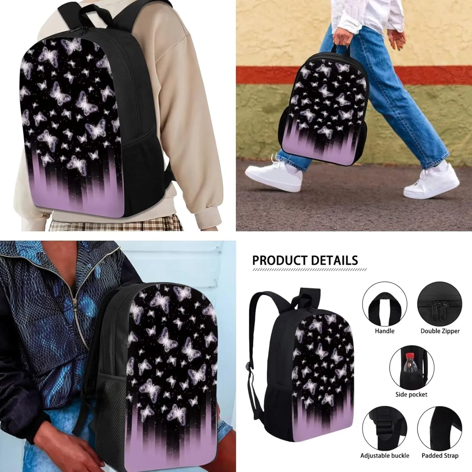 Mumeson Butterfly Axolotl Backpack School Bag for Kids Girls Womens Kids Teen School Backpack with Crossbody Bag Insulated Lunch Bag Portable Pencil Bag Pencase