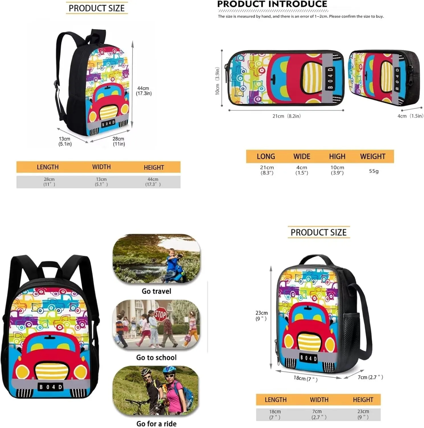 Mumeson Car Kid's Backpack Set for Elementary or Middle School Bags Shoulder Bag   Lightweight Lunch Tote Bag   Portable Pouch Pencil Case