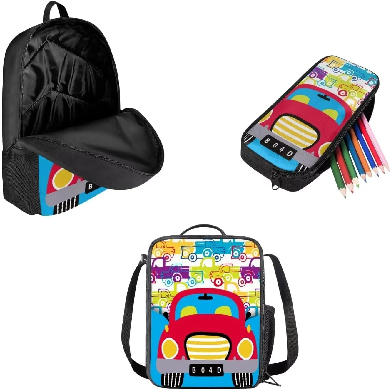 Mumeson Car Kid's Backpack Set for Elementary or Middle School Bags Shoulder Bag   Lightweight Lunch Tote Bag   Portable Pouch Pencil Case