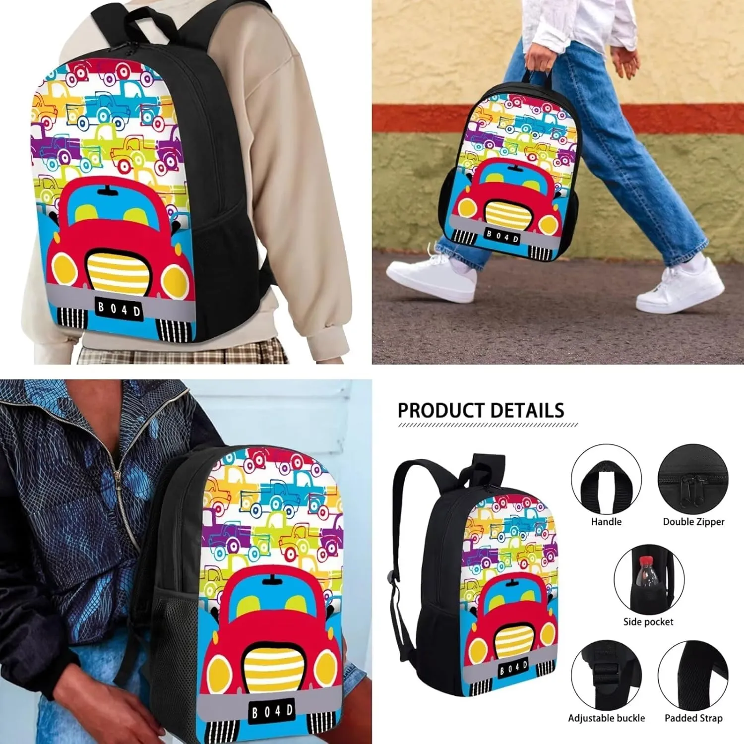 Mumeson Car Kid's Backpack Set for Elementary or Middle School Bags Shoulder Bag   Lightweight Lunch Tote Bag   Portable Pouch Pencil Case