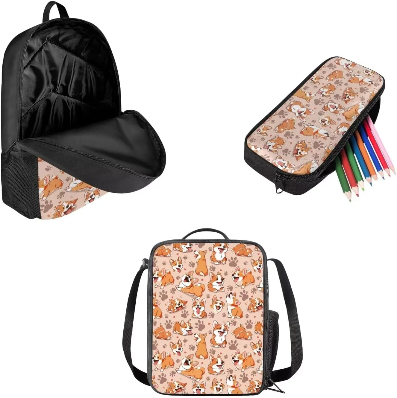 Mumeson Cartoon Corgi Backpack Back to School Supplies 17 Inch Kids Backpack Schoolbag 3 Pack Backpack Satchel with Thermal Lunch Tote Bag Portable Pencil Bag Set