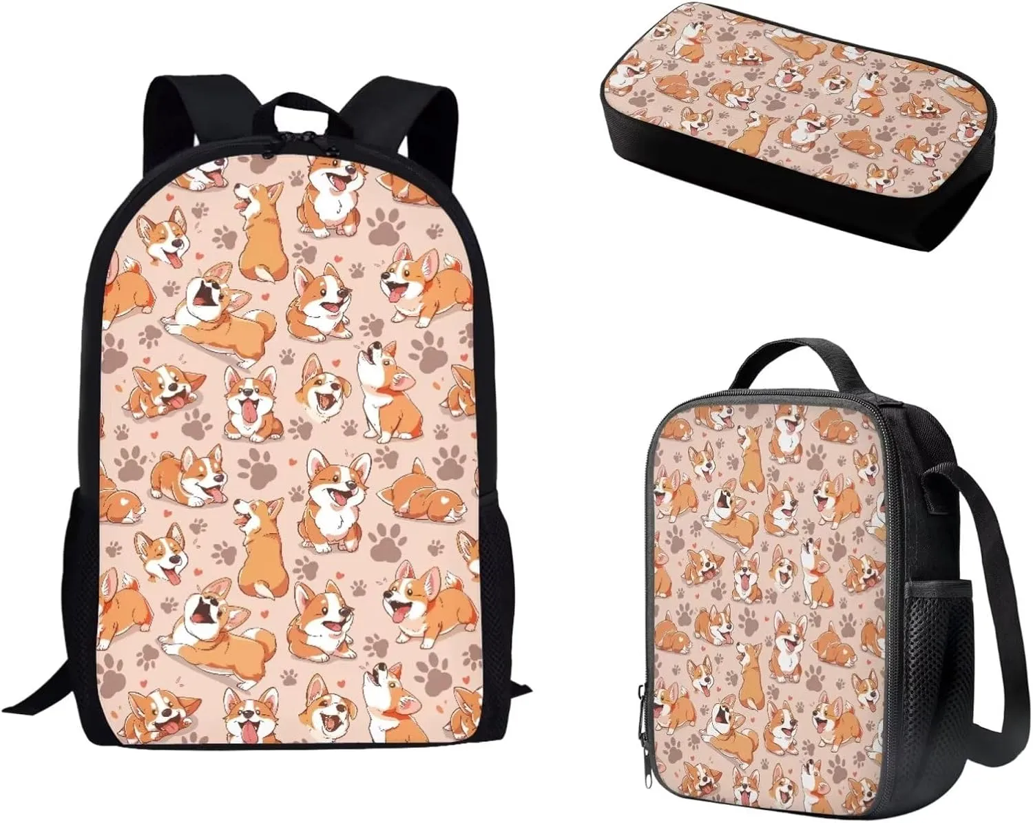 Mumeson Cartoon Corgi Backpack Back to School Supplies 17 Inch Kids Backpack Schoolbag 3 Pack Backpack Satchel with Thermal Lunch Tote Bag Portable Pencil Bag Set