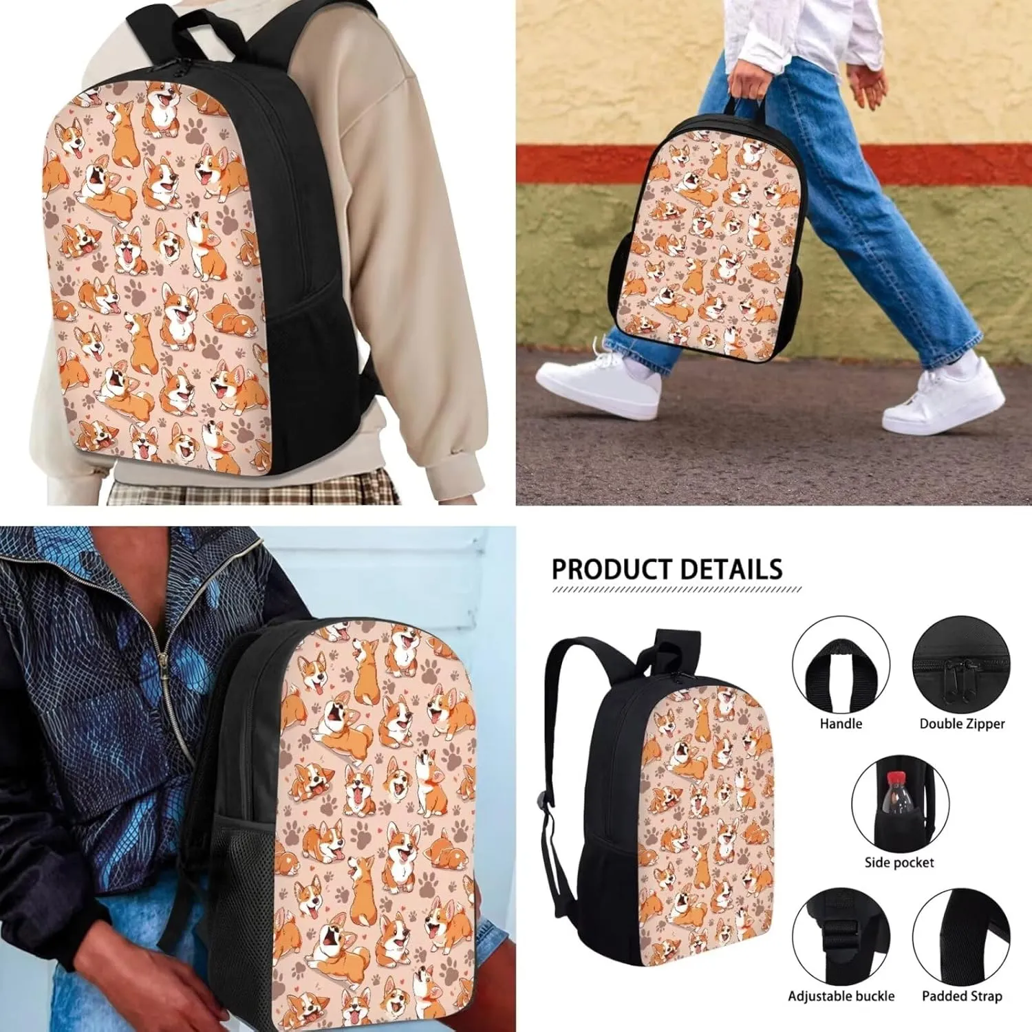 Mumeson Cartoon Corgi Backpack Back to School Supplies 17 Inch Kids Backpack Schoolbag 3 Pack Backpack Satchel with Thermal Lunch Tote Bag Portable Pencil Bag Set