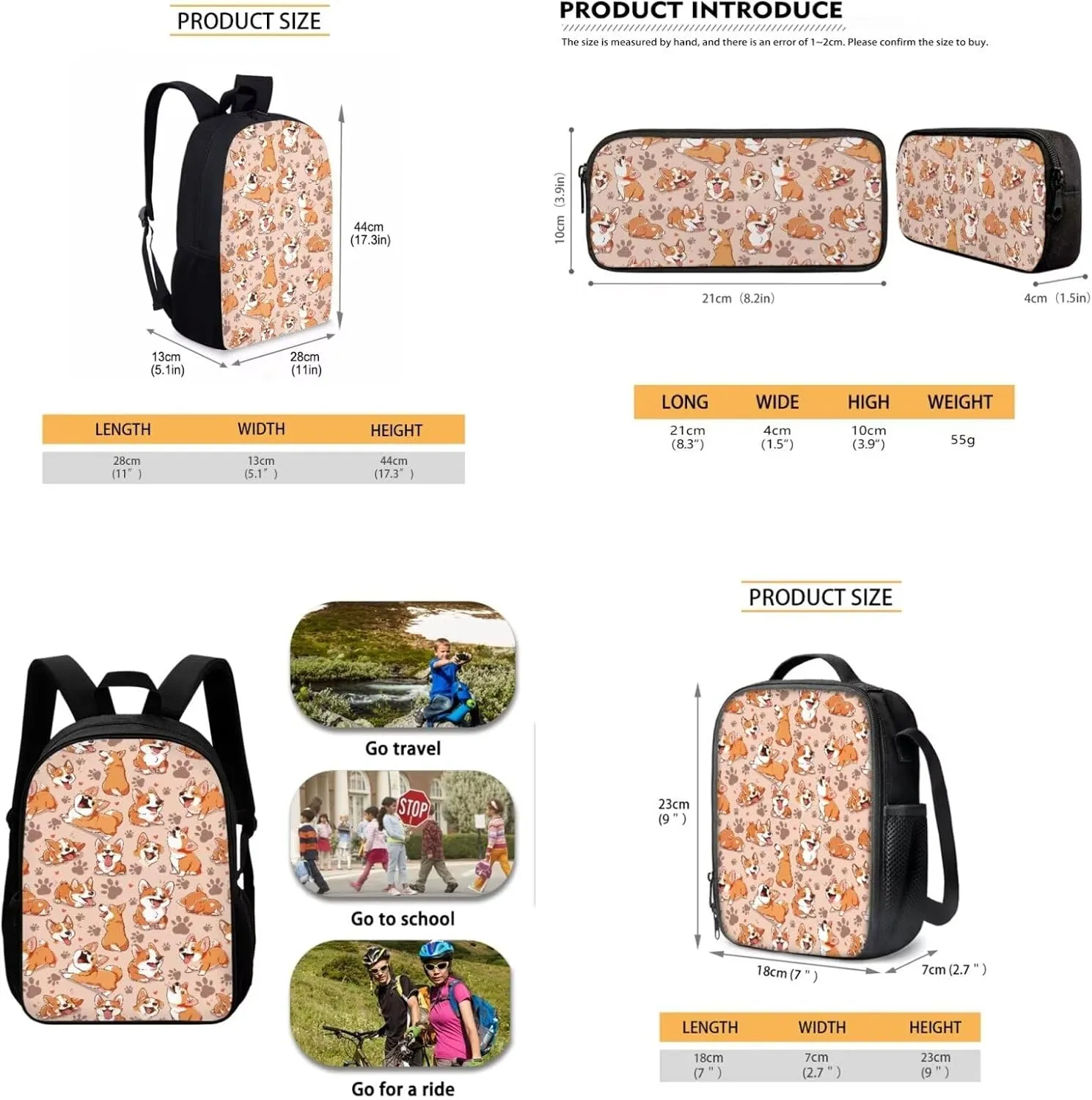 Mumeson Cartoon Corgi Backpack Back to School Supplies 17 Inch Kids Backpack Schoolbag 3 Pack Backpack Satchel with Thermal Lunch Tote Bag Portable Pencil Bag Set