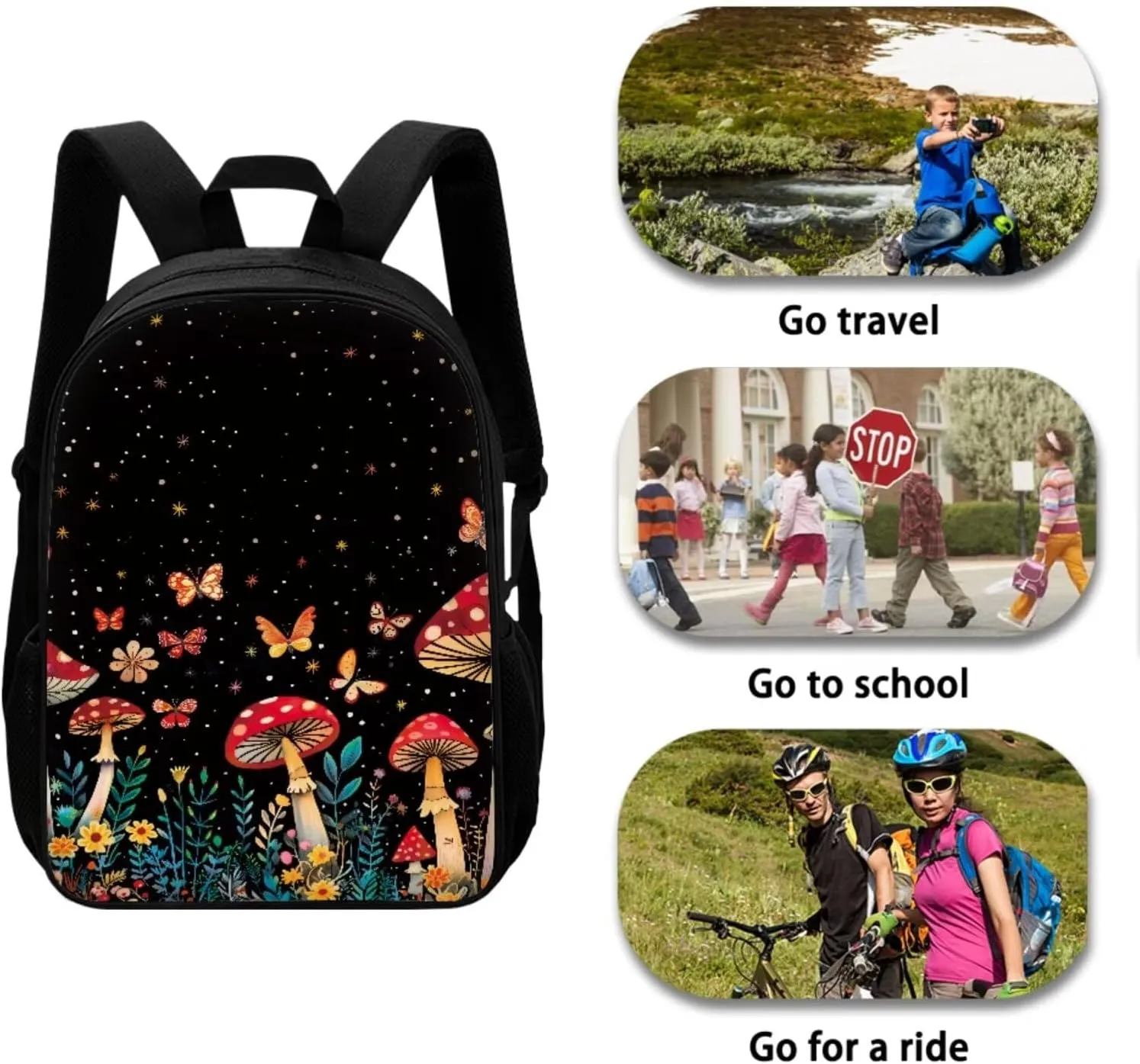 Mumeson Mushroom Butterfly Kid's Backpack Set for Elementary or Middle School Bags Kids Teen School Backpack with Crossbody Lunch Bag Insulated Lunch Bag Portable Pencil Bag Pencase