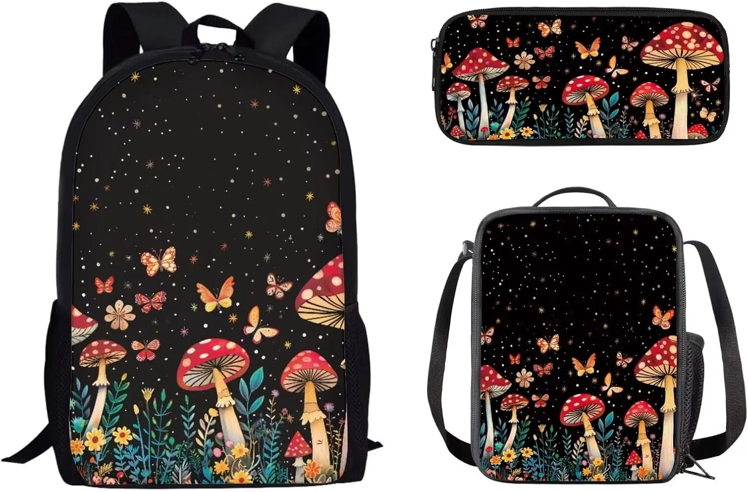 Mumeson Mushroom Butterfly Kid's Backpack Set for Elementary or Middle School Bags Kids Teen School Backpack with Crossbody Lunch Bag Insulated Lunch Bag Portable Pencil Bag Pencase