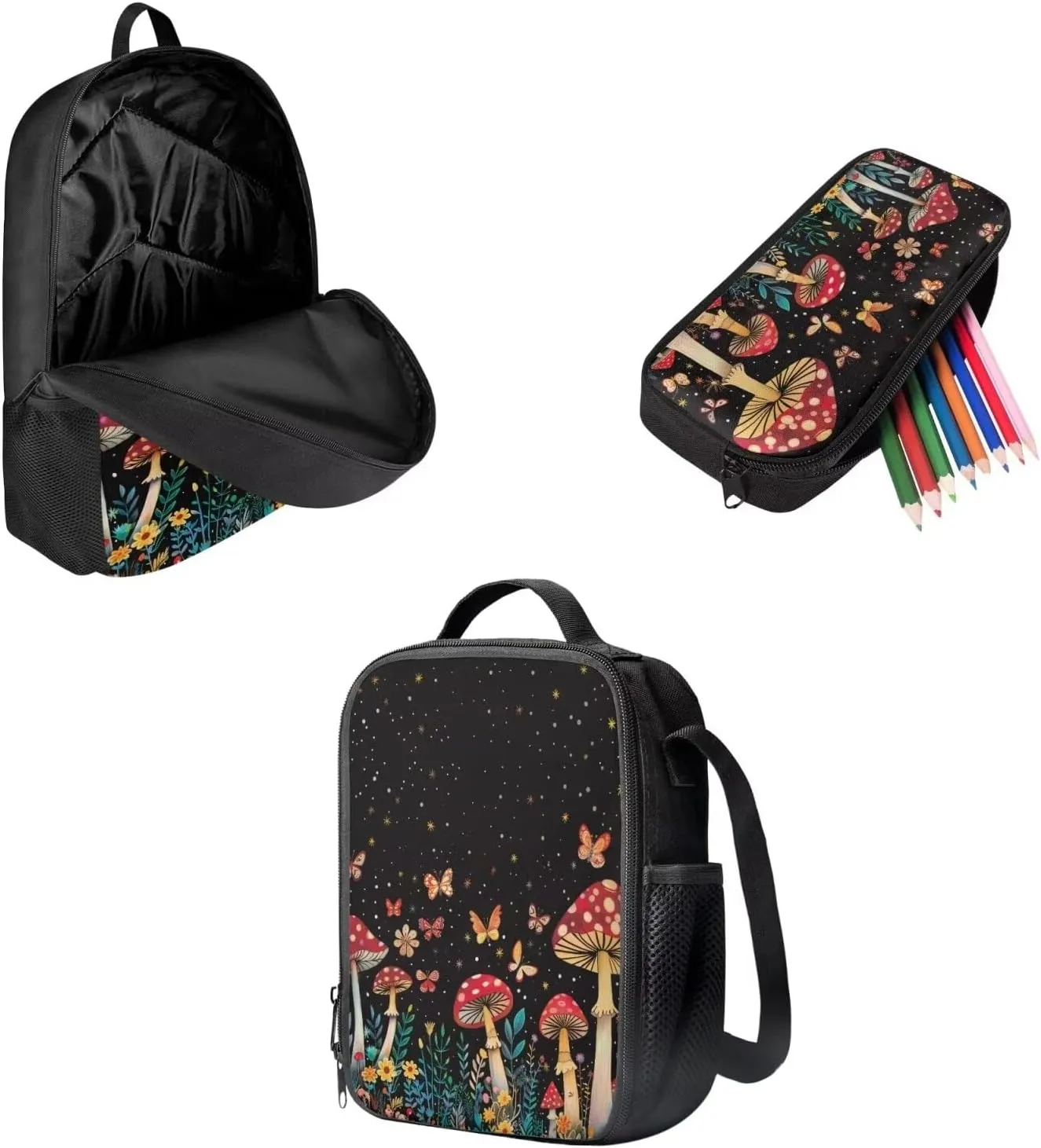 Mumeson Mushroom Butterfly Kid's Backpack Set for Elementary or Middle School Bags Kids Teen School Backpack with Crossbody Lunch Bag Insulated Lunch Bag Portable Pencil Bag Pencase
