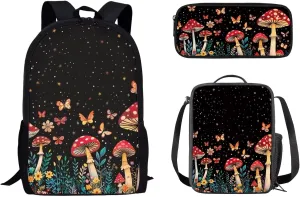 Mumeson Mushroom Butterfly Kid's Backpack Set for Elementary or Middle School Bags Kids Teen School Backpack with Crossbody Lunch Bag Insulated Lunch Bag Portable Pencil Bag Pencase