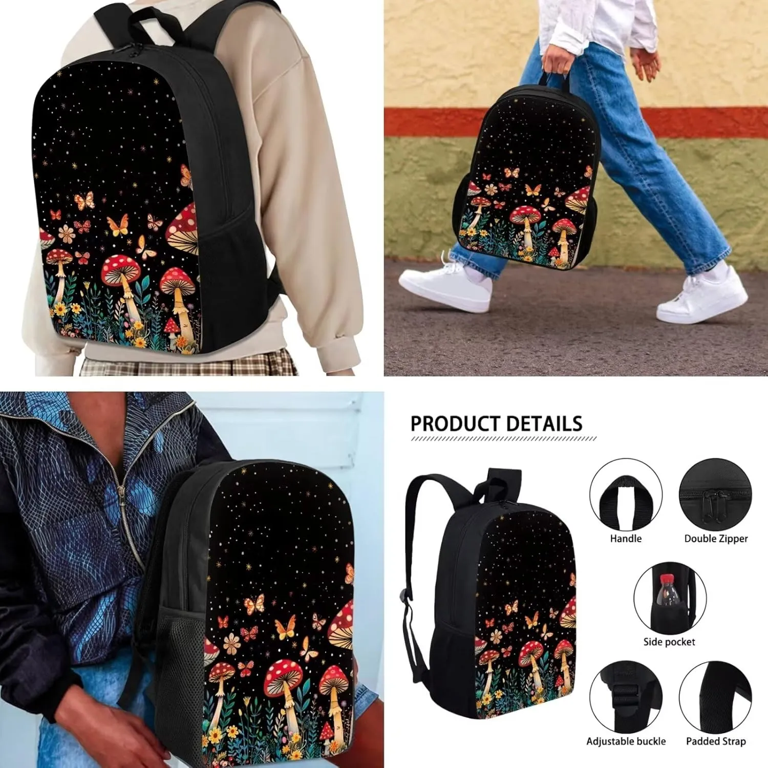 Mumeson Mushroom Butterfly Kid's Backpack Set for Elementary or Middle School Bags Kids Teen School Backpack with Crossbody Lunch Bag Insulated Lunch Bag Portable Pencil Bag Pencase