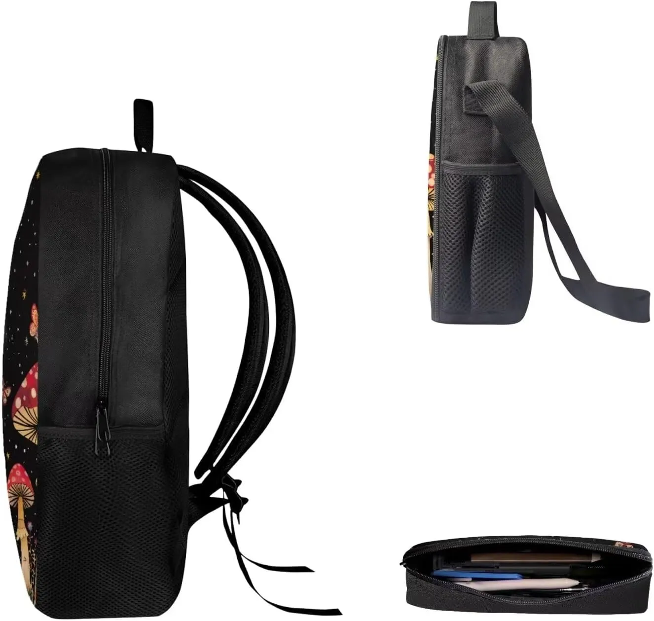 Mumeson Mushroom Butterfly Kid's Backpack Set for Elementary or Middle School Bags Kids Teen School Backpack with Crossbody Lunch Bag Insulated Lunch Bag Portable Pencil Bag Pencase