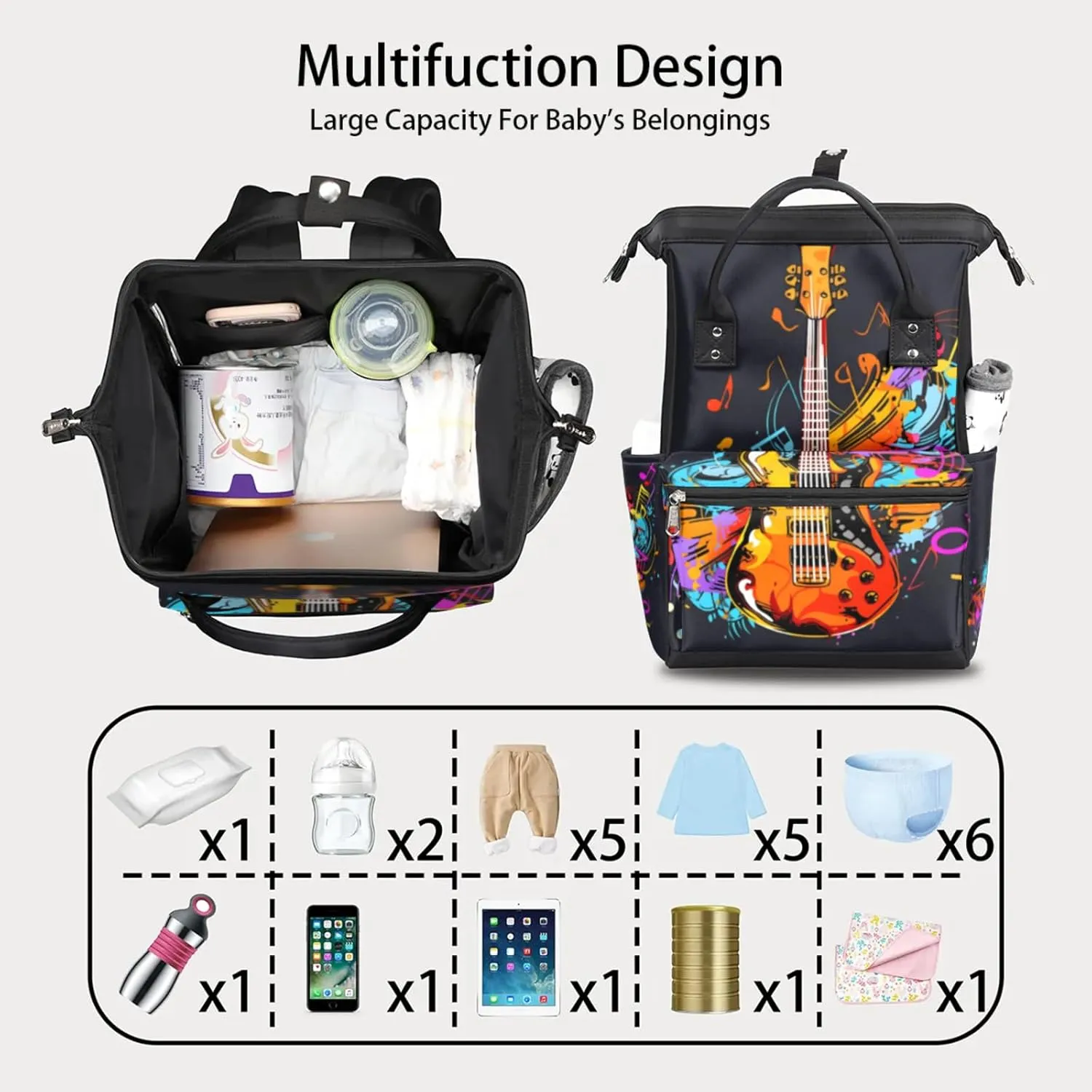 Music Notes Guitar Waterproof Diaper Bag Backpack Large Capacity Baby Bag with Stroller Straps, Multi-Pocket Diaper Bag Unisex Baby Travel Essentials Shower Gift