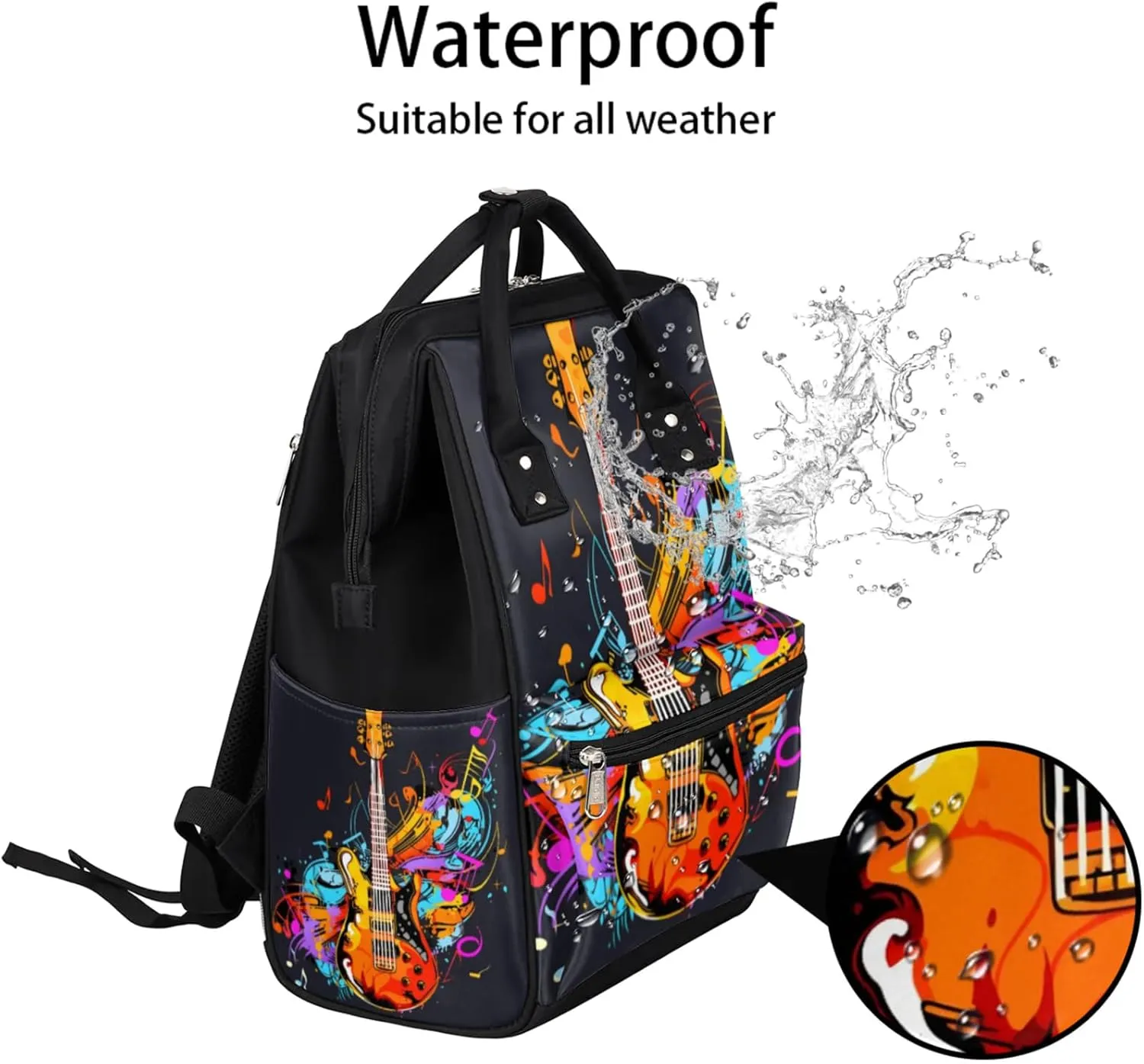 Music Notes Guitar Waterproof Diaper Bag Backpack Large Capacity Baby Bag with Stroller Straps, Multi-Pocket Diaper Bag Unisex Baby Travel Essentials Shower Gift