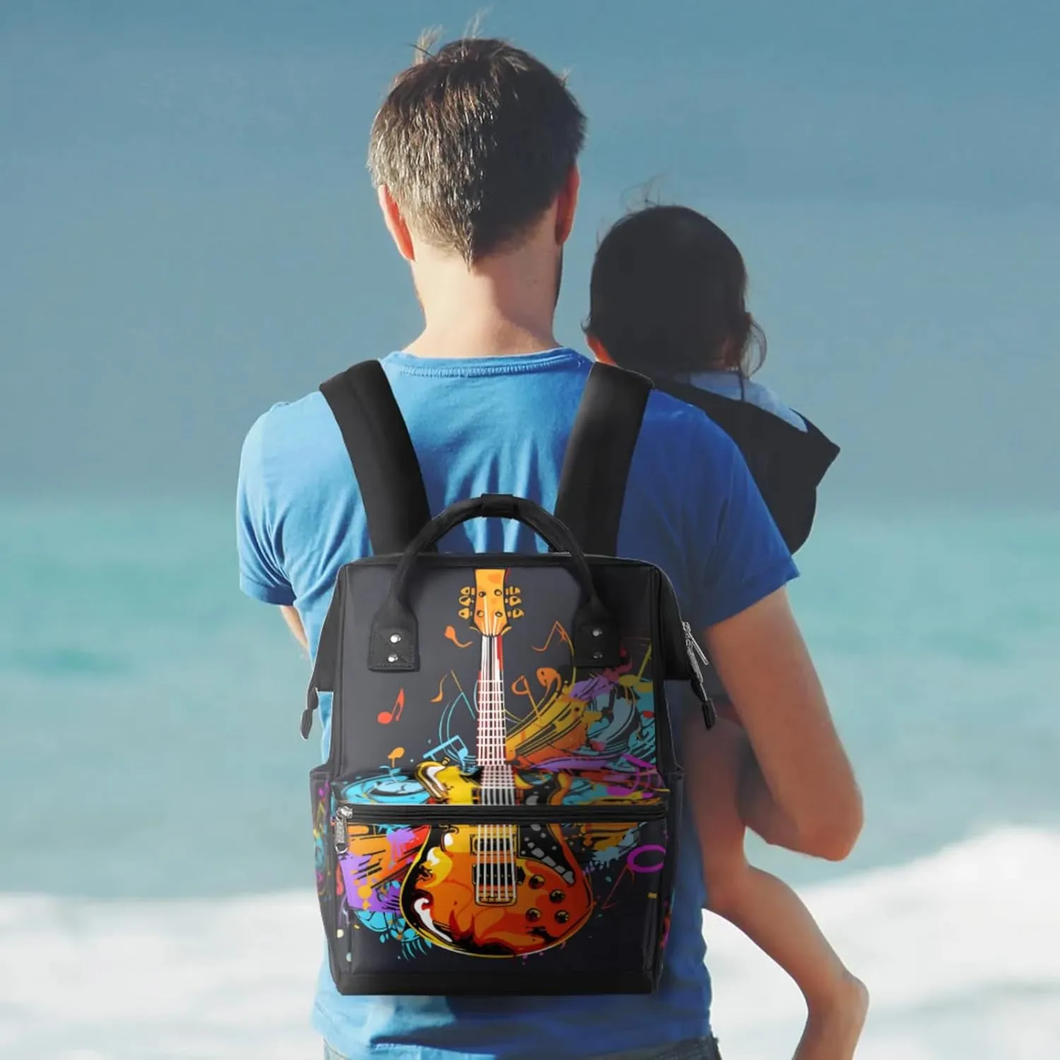 Music Notes Guitar Waterproof Diaper Bag Backpack Large Capacity Baby Bag with Stroller Straps, Multi-Pocket Diaper Bag Unisex Baby Travel Essentials Shower Gift