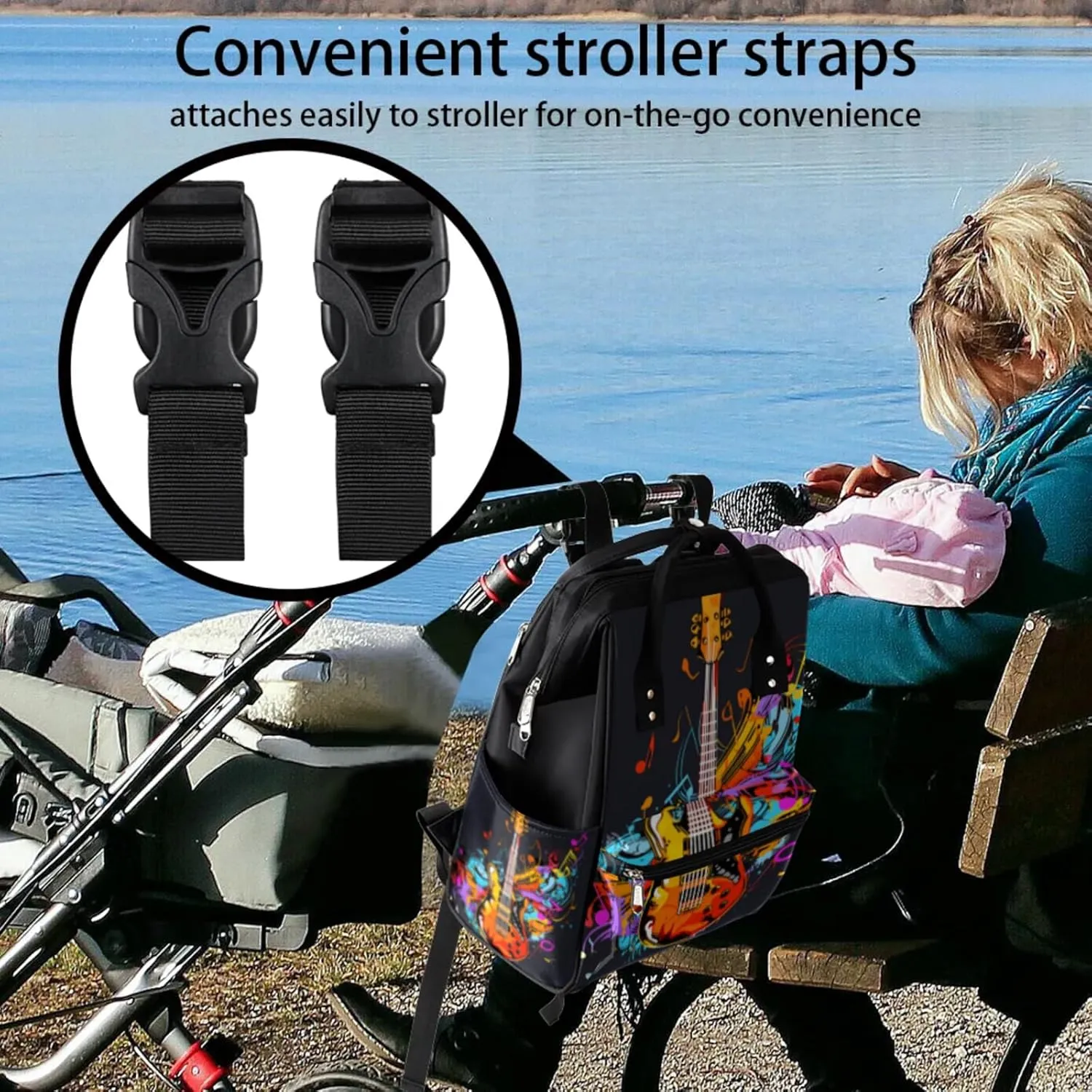 Music Notes Guitar Waterproof Diaper Bag Backpack Large Capacity Baby Bag with Stroller Straps, Multi-Pocket Diaper Bag Unisex Baby Travel Essentials Shower Gift