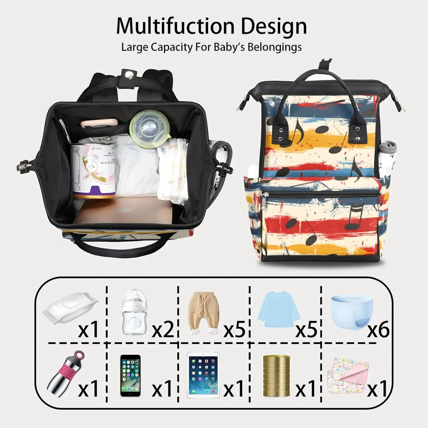 Music Watercolor Notes Waterproof Diaper Bag Backpack Large Capacity Baby Bag with Stroller Straps, Multi-Pocket Diaper Bag Unisex Baby Travel Essentials Shower Gift