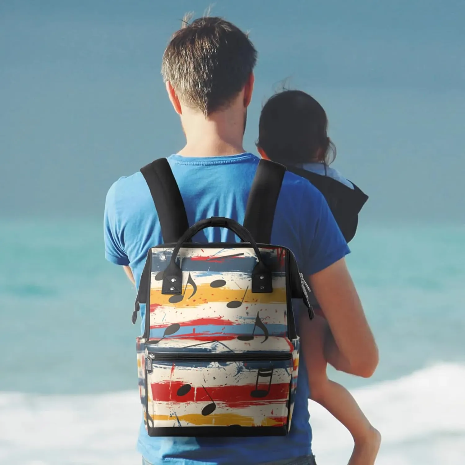 Music Watercolor Notes Waterproof Diaper Bag Backpack Large Capacity Baby Bag with Stroller Straps, Multi-Pocket Diaper Bag Unisex Baby Travel Essentials Shower Gift