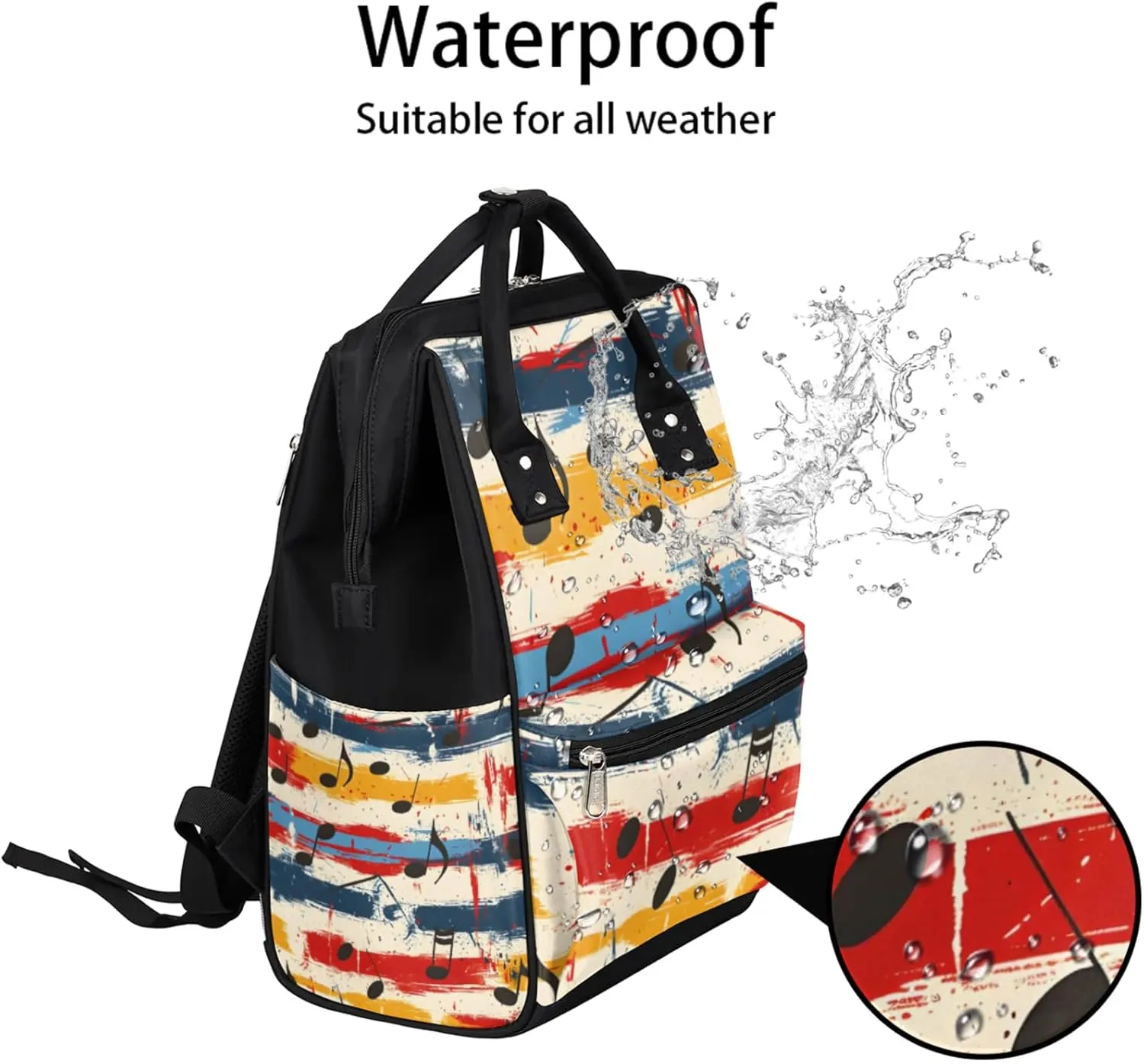 Music Watercolor Notes Waterproof Diaper Bag Backpack Large Capacity Baby Bag with Stroller Straps, Multi-Pocket Diaper Bag Unisex Baby Travel Essentials Shower Gift