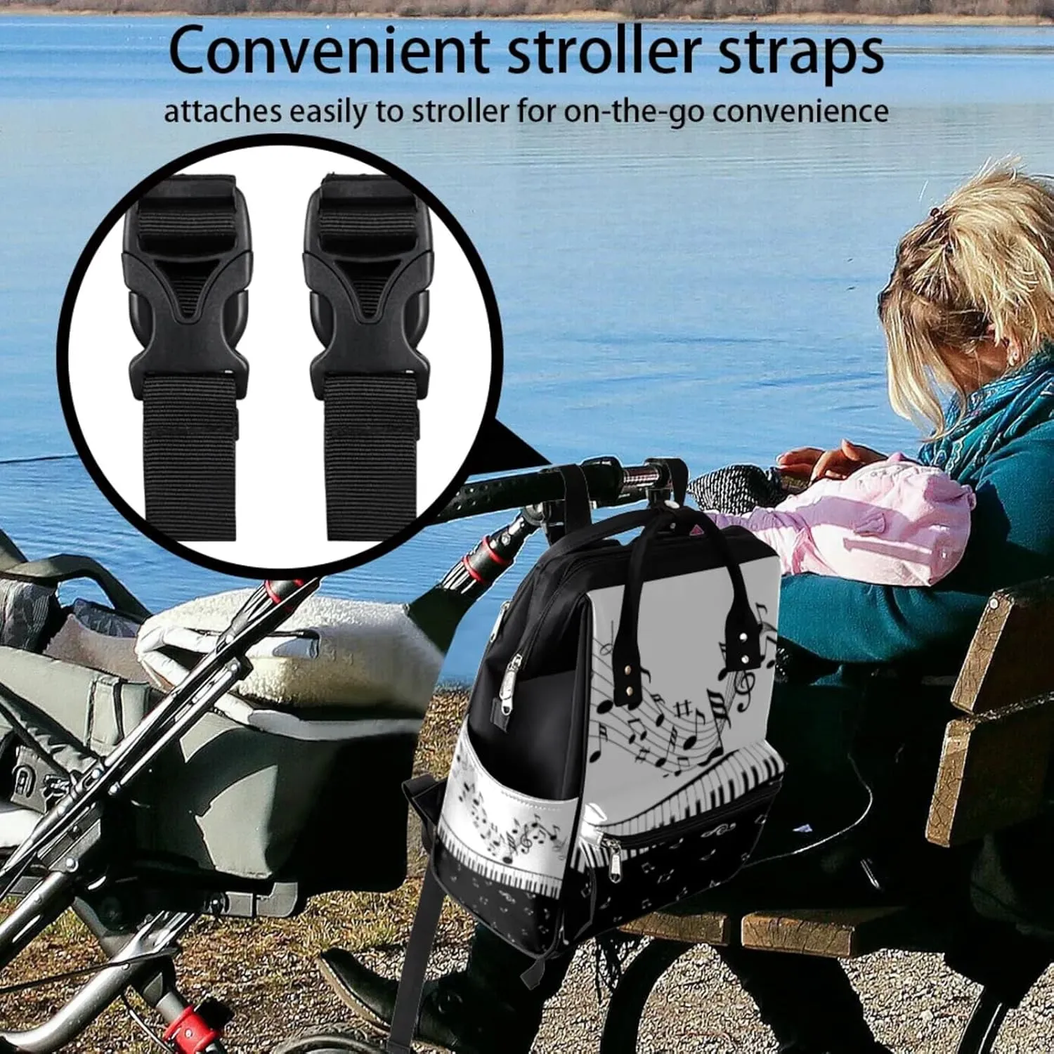 Musical Note Waterproof Diaper Bag Backpack Large Capacity Baby Bag with Stroller Straps, Multi-Pocket Diaper Bag Unisex Baby Travel Essentials Shower Gift