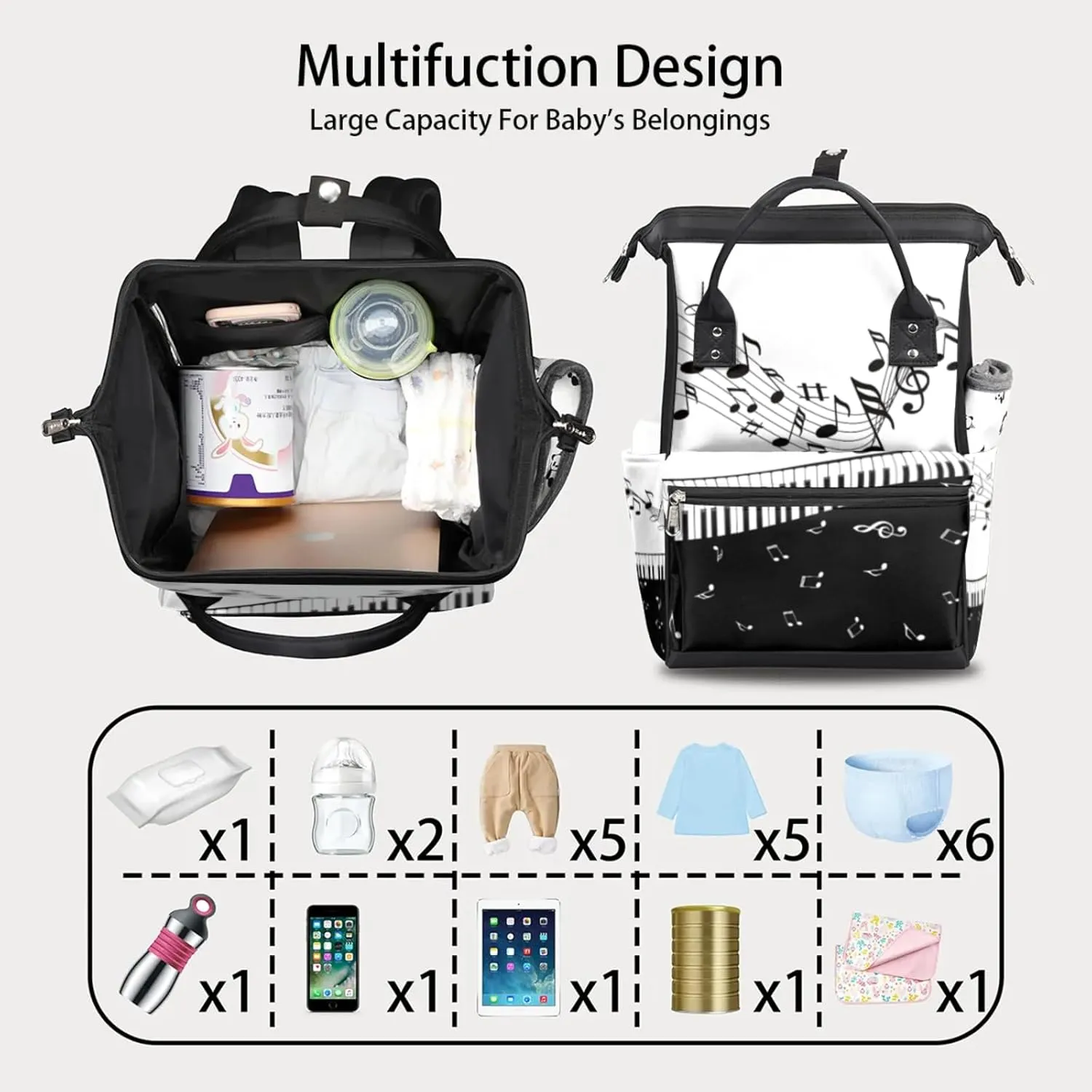 Musical Note Waterproof Diaper Bag Backpack Large Capacity Baby Bag with Stroller Straps, Multi-Pocket Diaper Bag Unisex Baby Travel Essentials Shower Gift