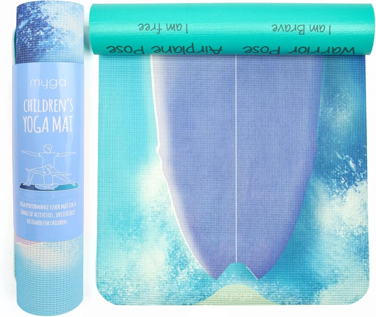 Myga Childrens Yoga Mat,Eco-Friendly Printed Yoga, Exercise and Fitness Mat for Kids,Features 8 Yoga Poses on the Reverse, Non-Slip, Extra Grip and Multi-Purpose Mat,Wave Rider