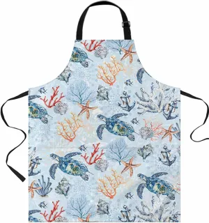 Nautical Blue Waterproof Apron With Pockets,Coastal Ocean Turtle Coral Anchor Sea Fish Kitchen Chefs Bib Cooking BBQ Grill Bake Adjustable Aprons for Women/Kids Home Garden Grooming Painting Gardening