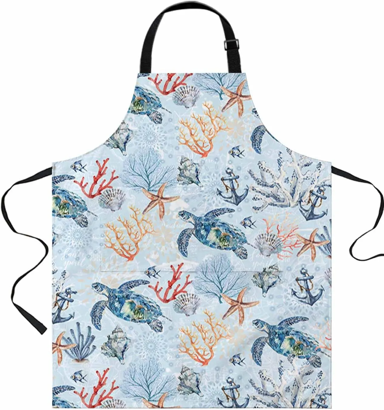 Nautical Blue Waterproof Apron With Pockets,Coastal Ocean Turtle Coral Anchor Sea Fish Kitchen Chefs Bib Cooking BBQ Grill Bake Adjustable Aprons for Women/Kids Home Garden Grooming Painting Gardening