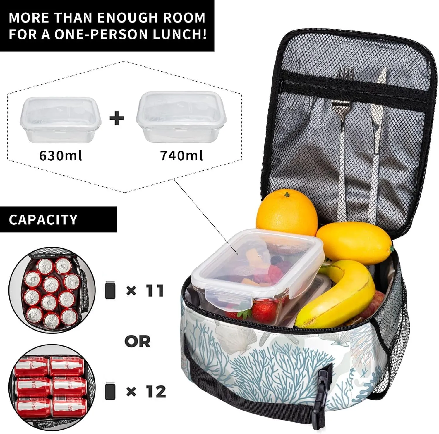 Nautical Coastal Lunch Box for Adults Women Girls Boys Kids Starfish Seashell Coral Beach Lunch Box Insulated Cooler Reusable Lunch Bag Container Gifts for Work Office Picnic Travel School