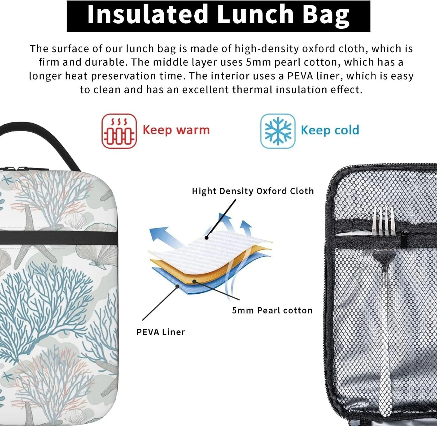 Nautical Coastal Lunch Box for Adults Women Girls Boys Kids Starfish Seashell Coral Beach Lunch Box Insulated Cooler Reusable Lunch Bag Container Gifts for Work Office Picnic Travel School