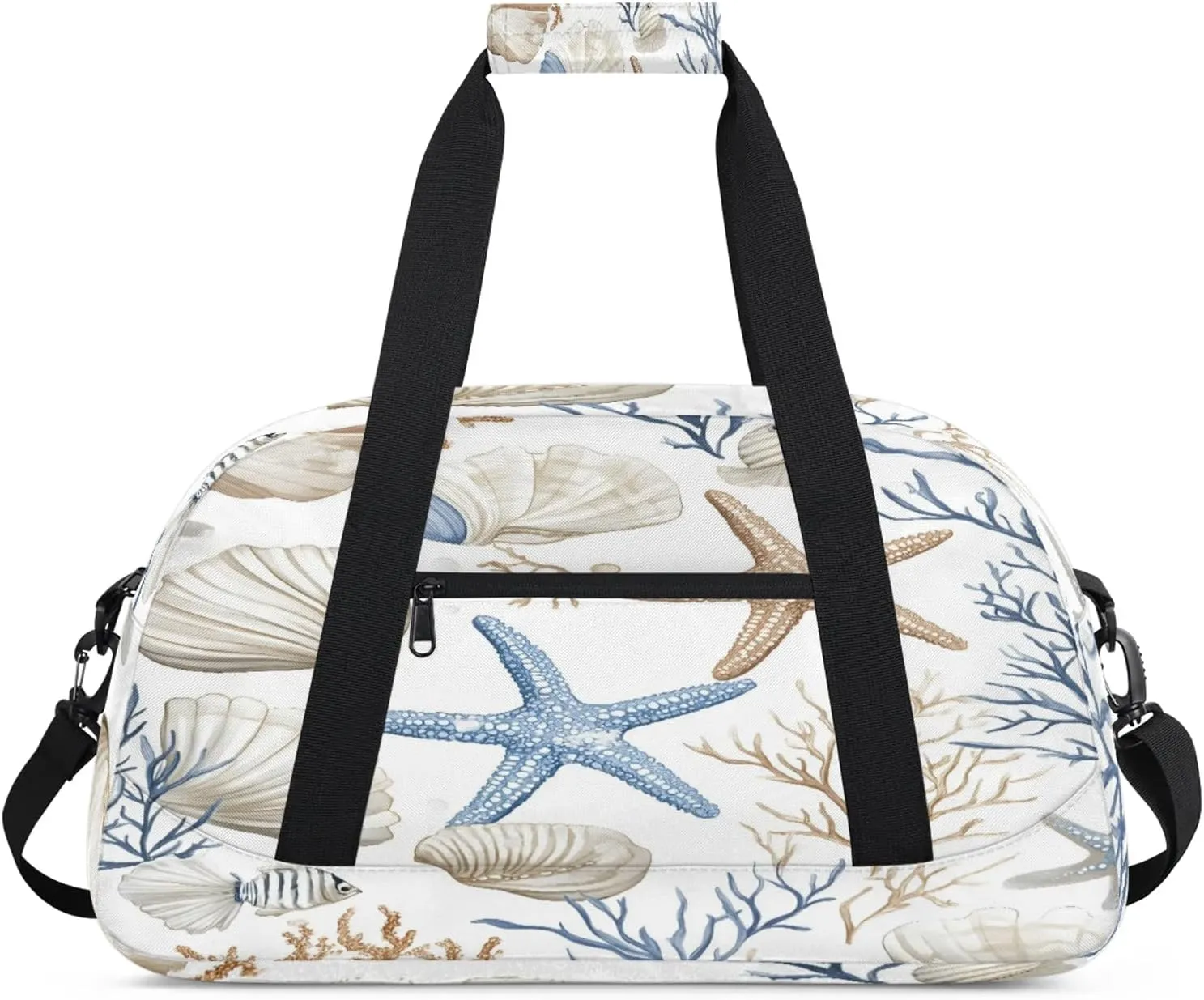 Nautical Coastal Sports Duffle Gym Bags for Men or Women, Ocean Beach Seashell Starfish Themed Lightweight Carry On Overnight Weekender Bag for Travel Workout