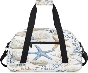 Nautical Coastal Sports Duffle Gym Bags for Men or Women, Ocean Beach Seashell Starfish Themed Lightweight Carry On Overnight Weekender Bag for Travel Workout