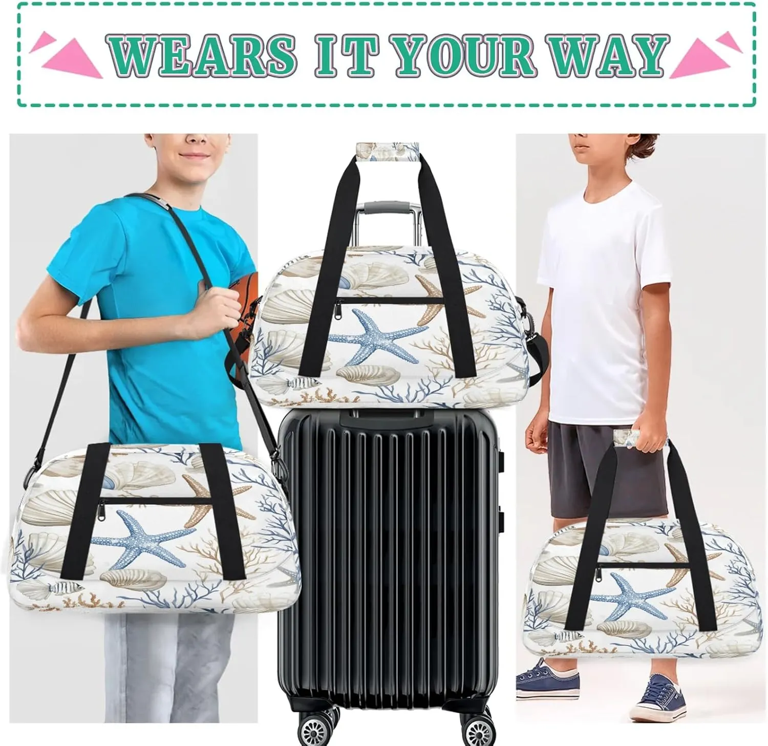 Nautical Coastal Sports Duffle Gym Bags for Men or Women, Ocean Beach Seashell Starfish Themed Lightweight Carry On Overnight Weekender Bag for Travel Workout