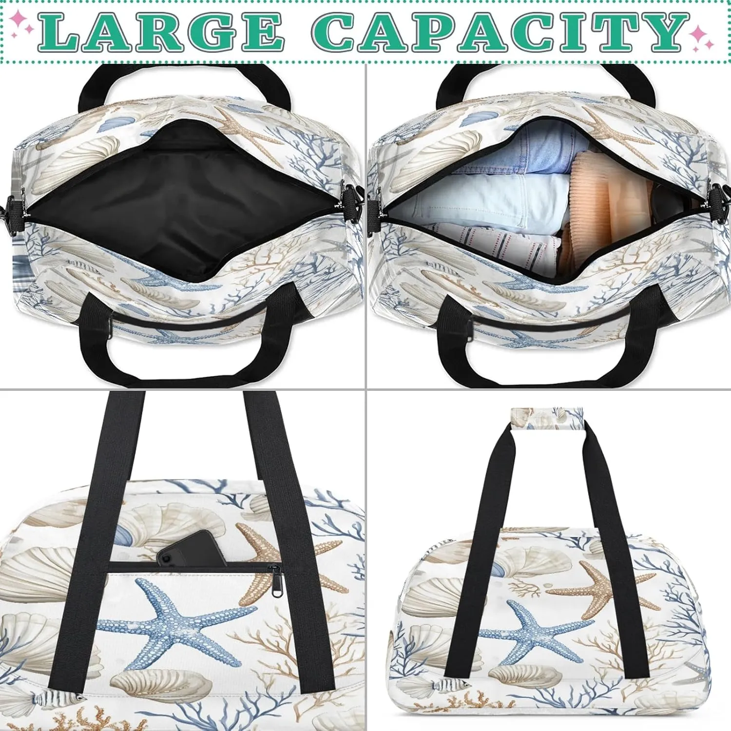 Nautical Coastal Sports Duffle Gym Bags for Men or Women, Ocean Beach Seashell Starfish Themed Lightweight Carry On Overnight Weekender Bag for Travel Workout