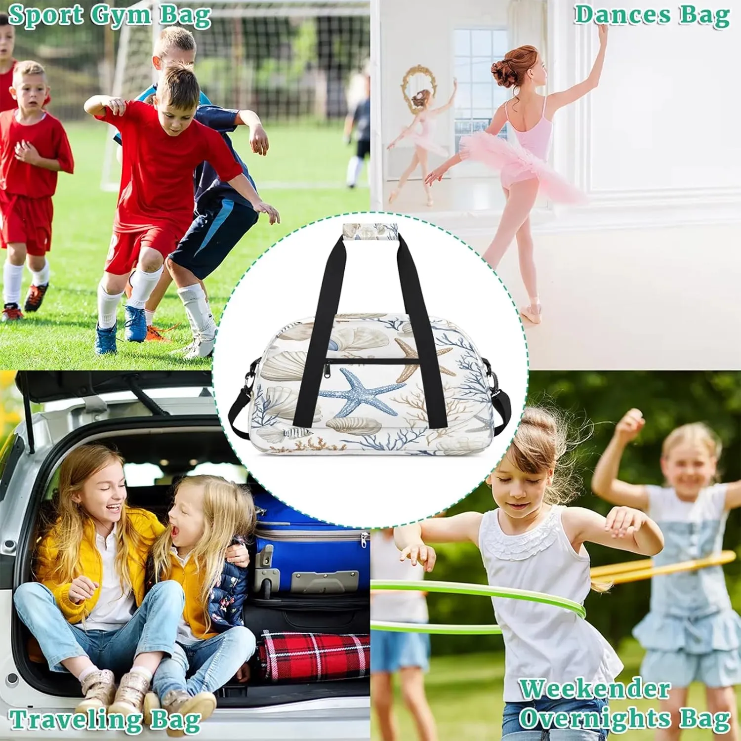 Nautical Coastal Sports Duffle Gym Bags for Men or Women, Ocean Beach Seashell Starfish Themed Lightweight Carry On Overnight Weekender Bag for Travel Workout