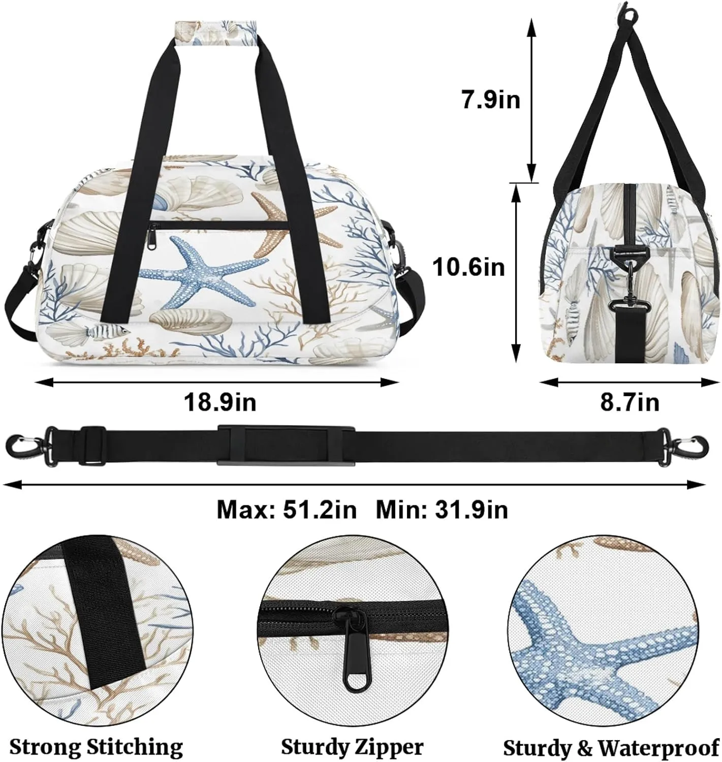 Nautical Coastal Sports Duffle Gym Bags for Men or Women, Ocean Beach Seashell Starfish Themed Lightweight Carry On Overnight Weekender Bag for Travel Workout