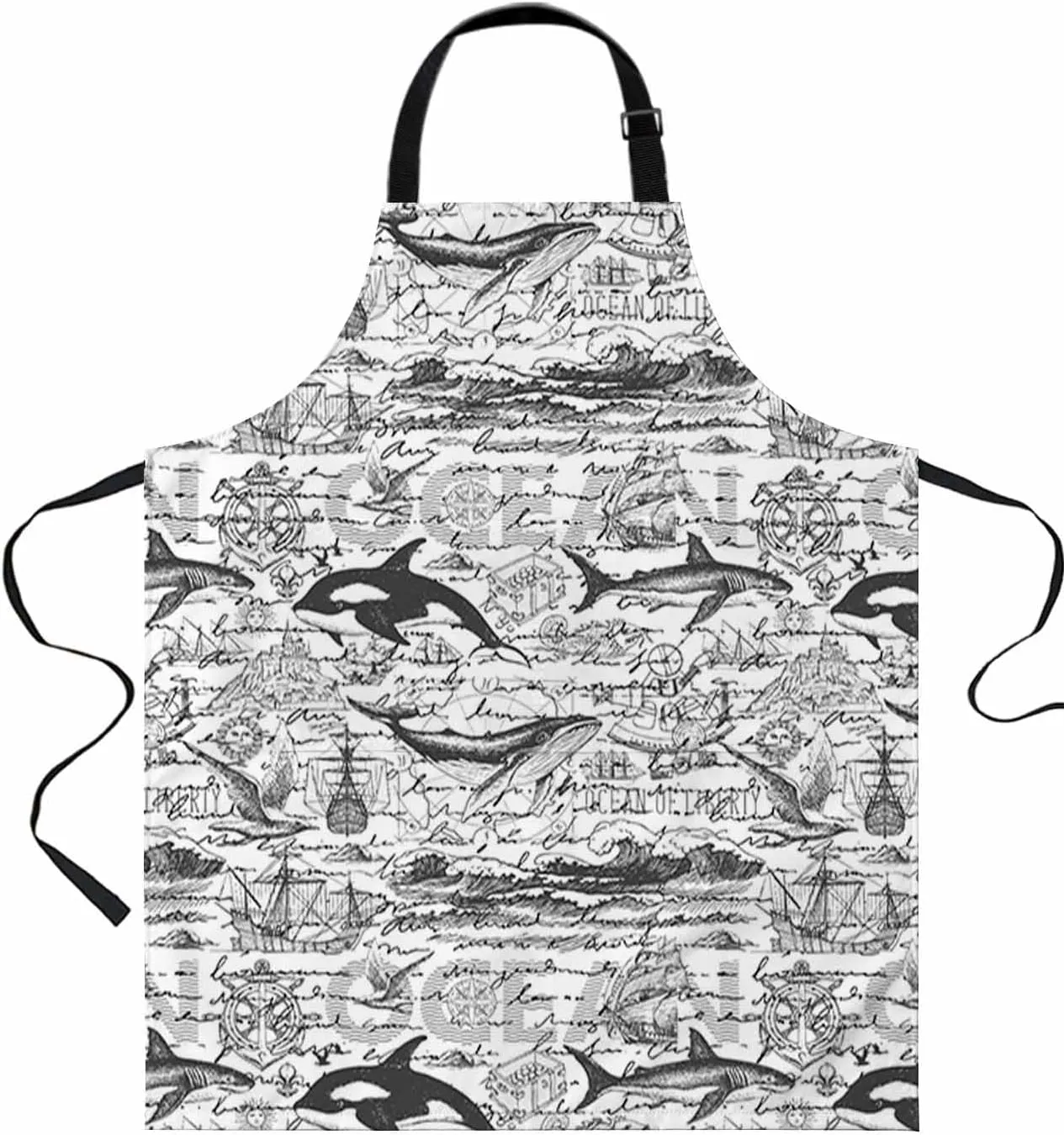 Nautical Dolphins Waterproof Apron With Pockets, Coastal Ocean Whales Black White Kitchen Chefs Bib Cooking BBQ Grill Bake Adjustable Aprons for Women/Kids Home Garden Grooming Painting Gardening