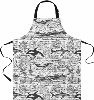 Nautical Dolphins Waterproof Apron With Pockets, Coastal Ocean Whales Black White Kitchen Chefs Bib Cooking BBQ Grill Bake Adjustable Aprons for Women/Kids Home Garden Grooming Painting Gardening