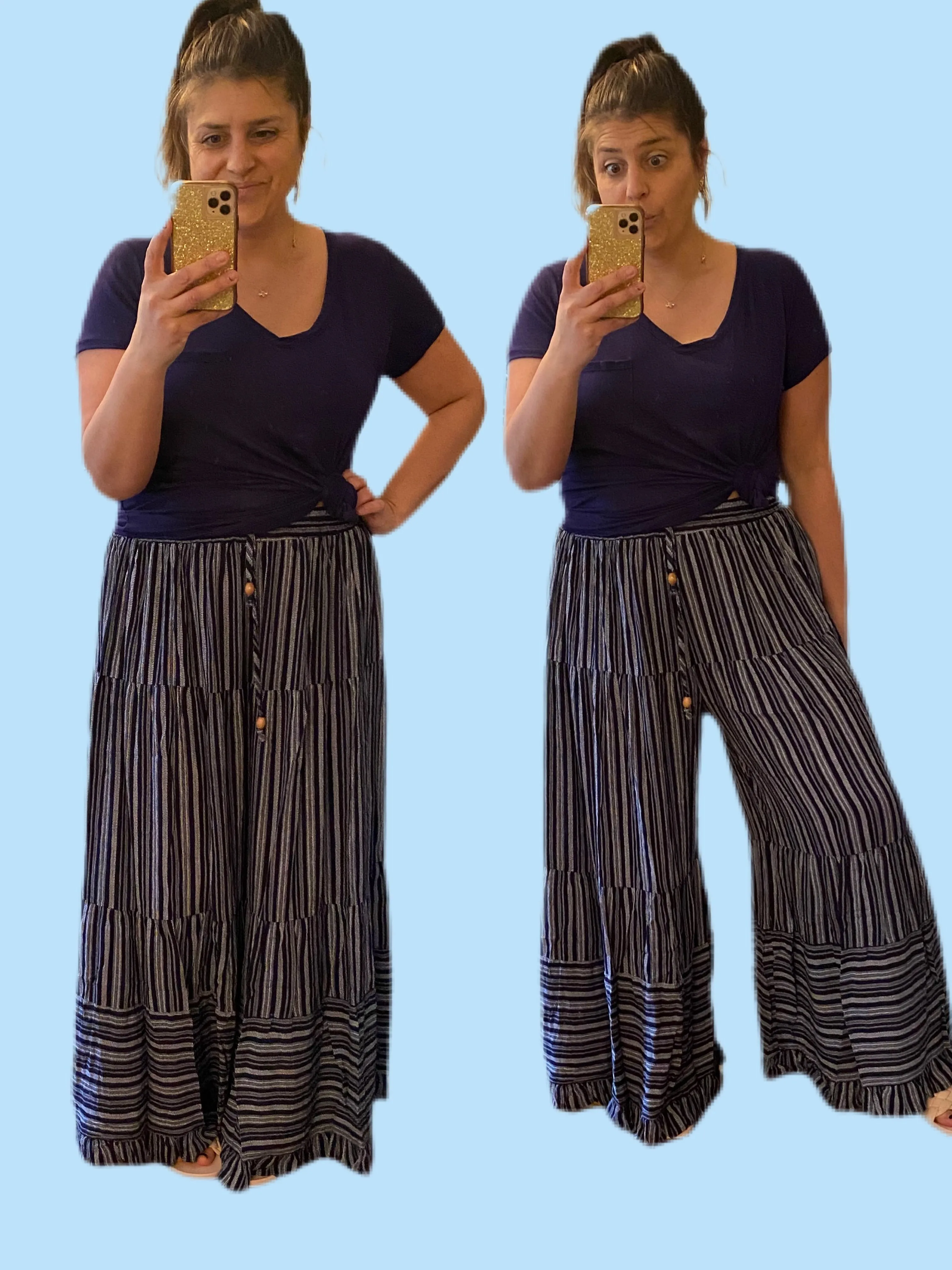 Navy Striped Ruffle Bottom Pants