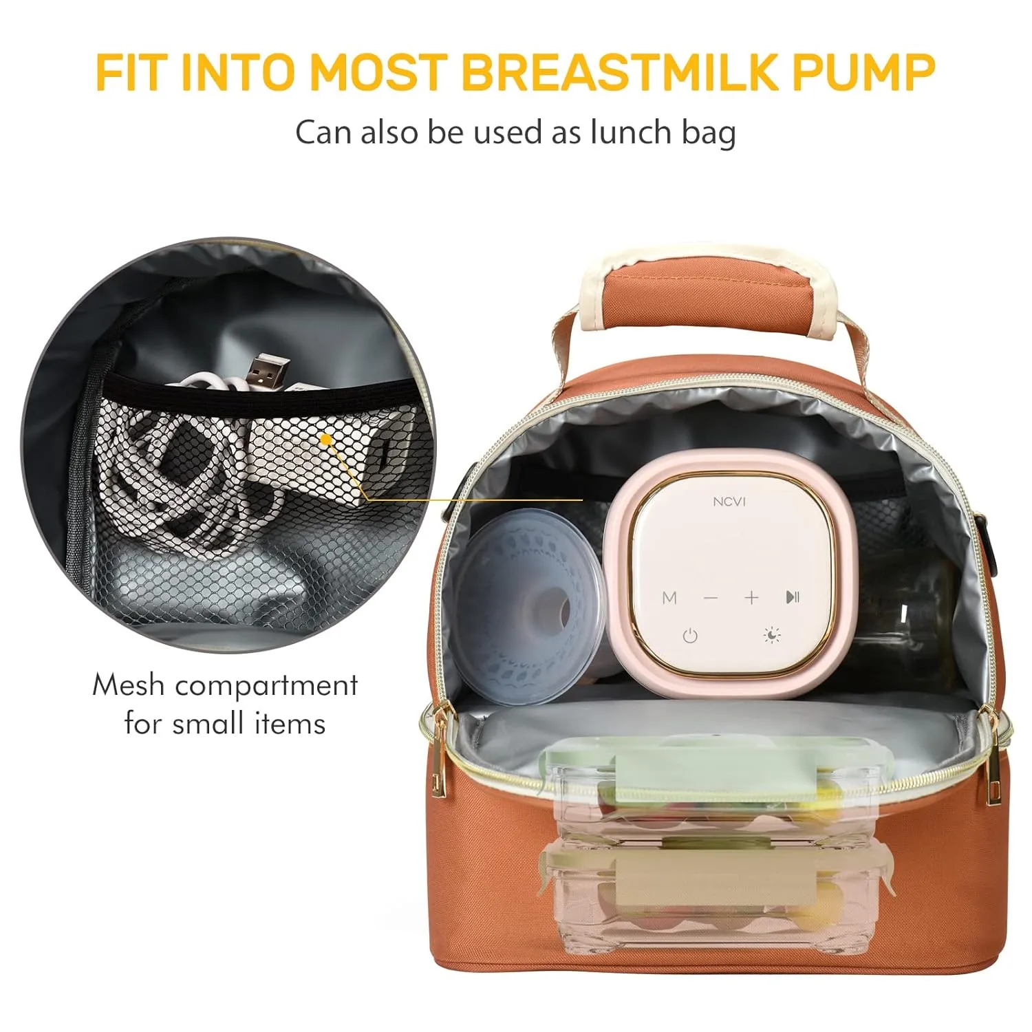 NCVI Breastmilk Cooler Bag with 2 Ice Pack, Breast Pump Bag with Cooler Fits 6 Bottles, Double Layer Breast Milk Cooler Travel Bag Baby Bottle, for Travel, Nursing Mom Daycare, Work, Picnic (Orange)